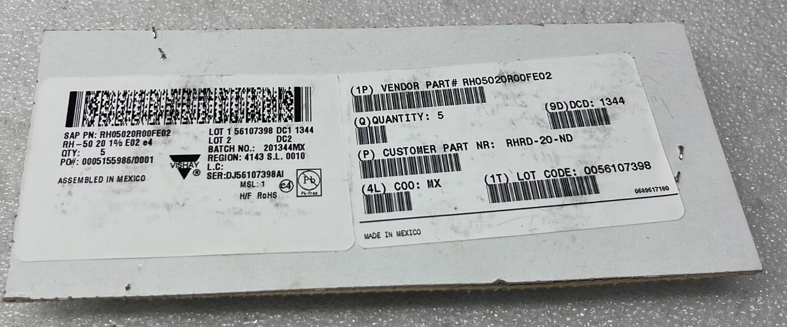 NEW - [LOT OF 5] VISHAY RH05010R00FE02 DALE RH WIREWOUND RESISTOR 20ohm 50W