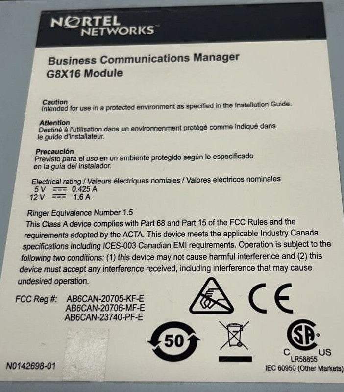 NORTEL NETWORKS G8X16 BUSINESS COMMUNICATIONS MANAGER MODULE NT5B42AAAGE5 *AS IS