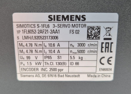 Siemens SIMOTICS S-1FL6 motor nameplate label close-up