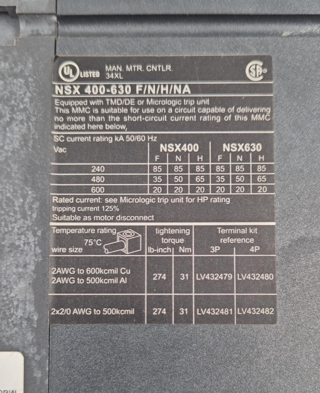 Schneider Electric Compact NSX 400N 800V Circuit Breaker Micrologic W/ Vigi 630