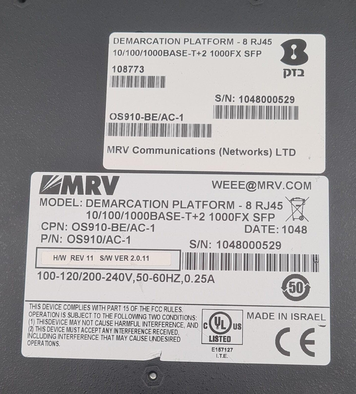 MRV OS-910 OS910/AC-1 Demarcation Platform RJ45 10/100/1000 BASE-T+2 1000FX SFP