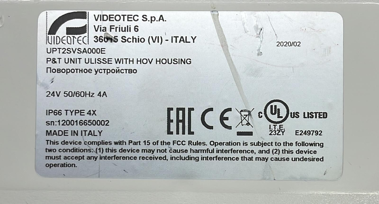 VIDEOTEC Security Camera UPT2SVSA000E P&T Unit type 4x **AS IS