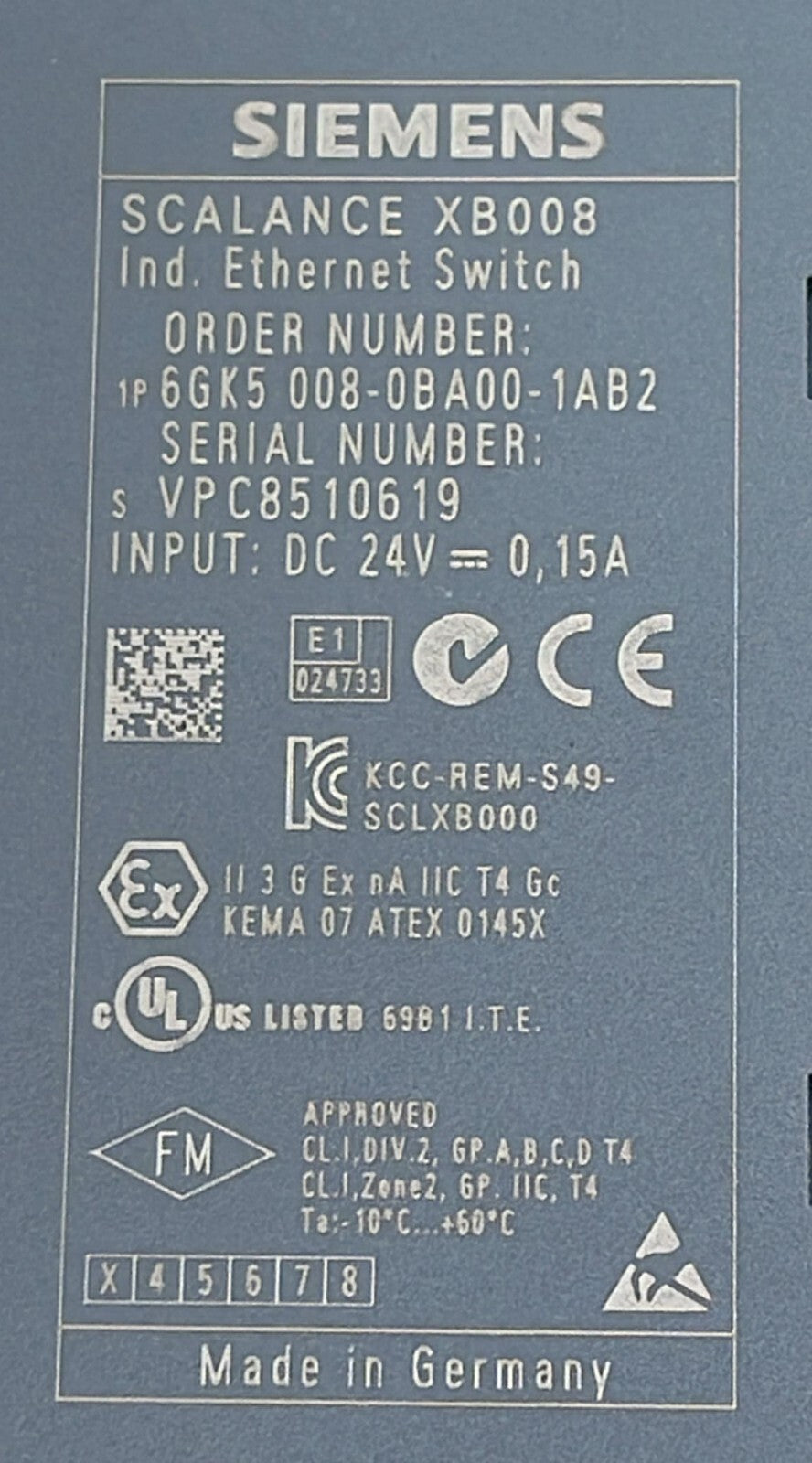 Siemens SIMATIC NET SCALANCE XB008 Enthernet Switch 6GK5 008-0BA00-1AB2 DC-24V