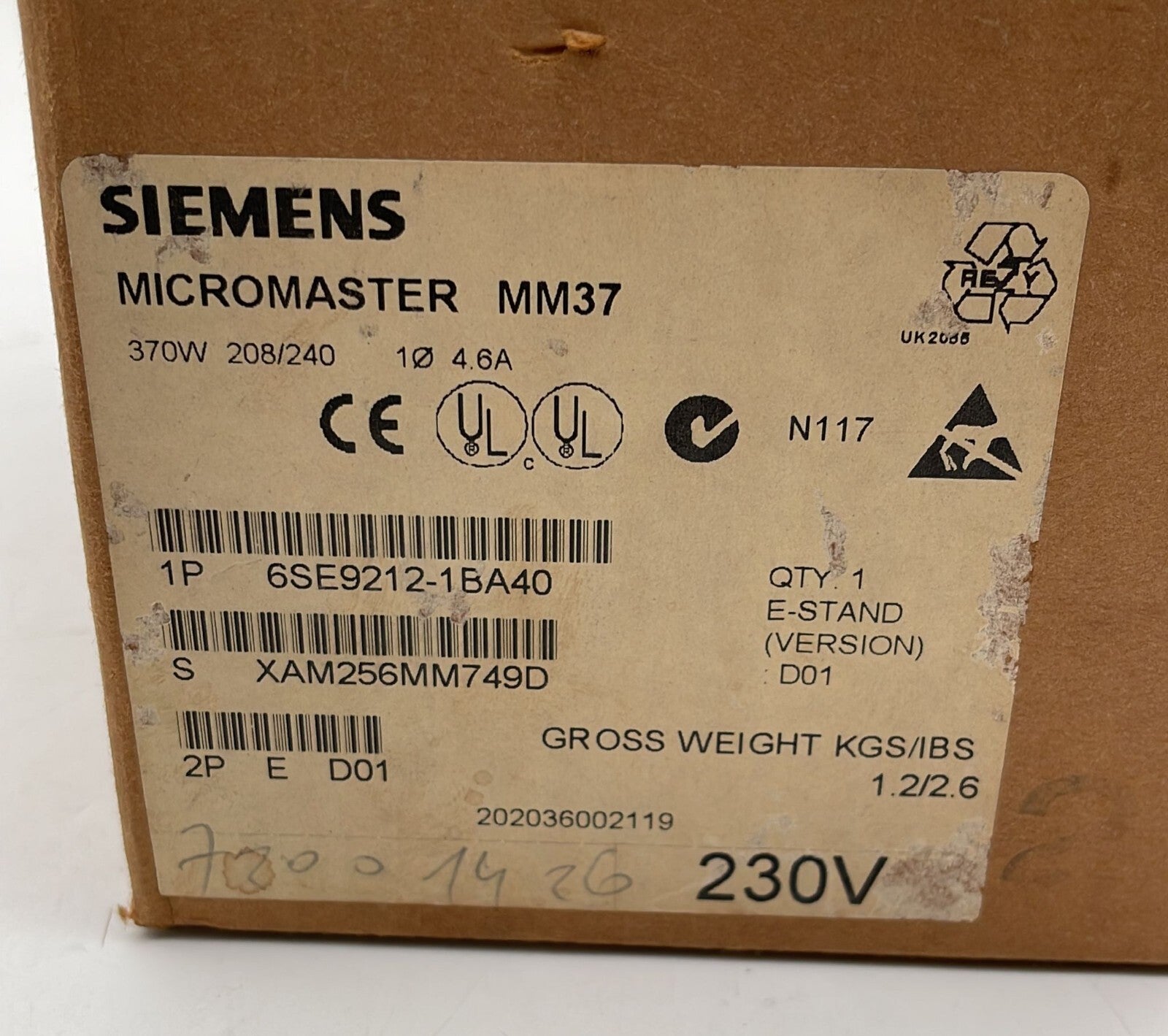 Siemens 6SE9212-1BA40 Micromaster 6SE92 370W 208/240 4.6A