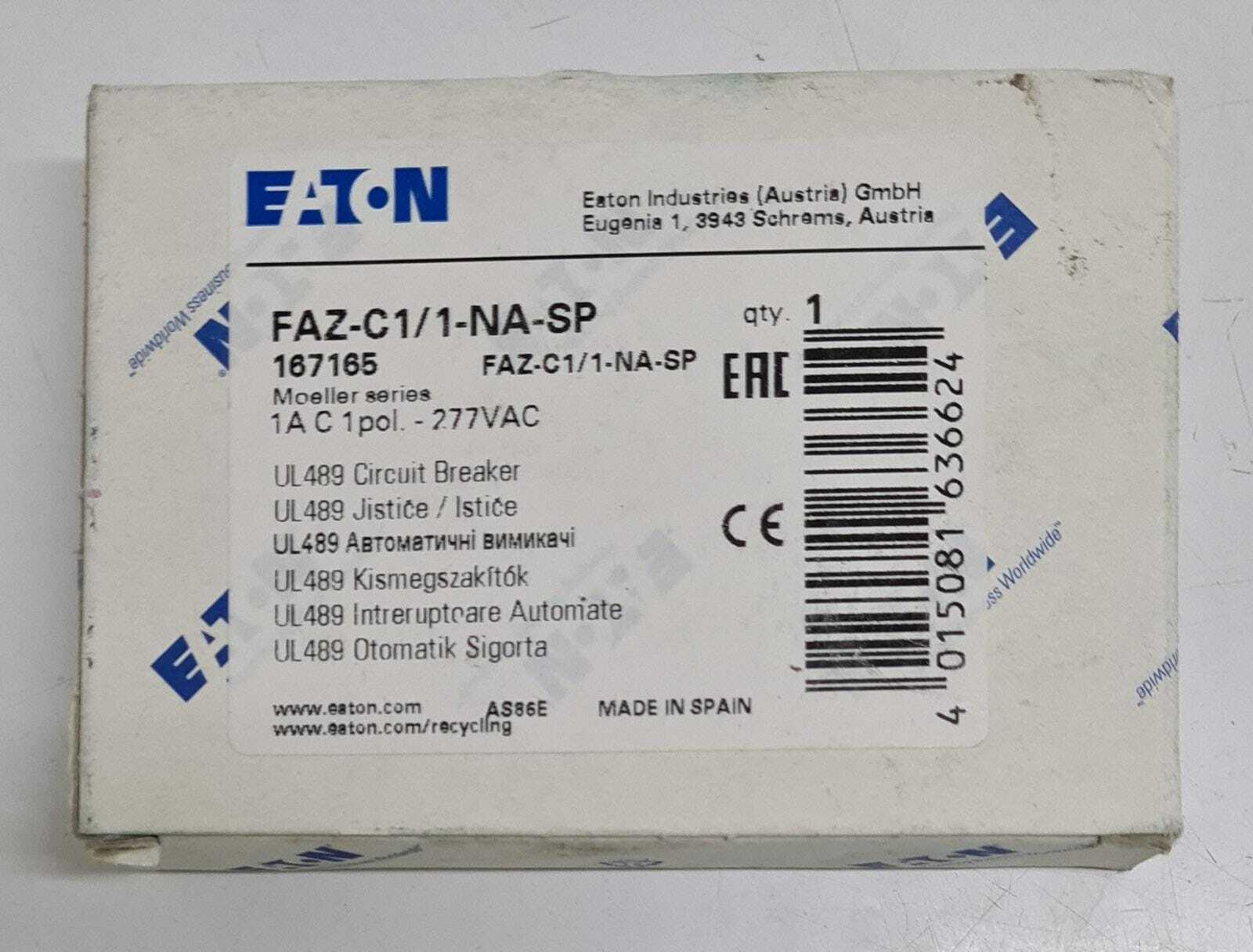 [LOT OF 2 PCS] NEW - EATON FAZ-C1/1-NA-SP Circuit Breaker 167165 1-POLE 1A C