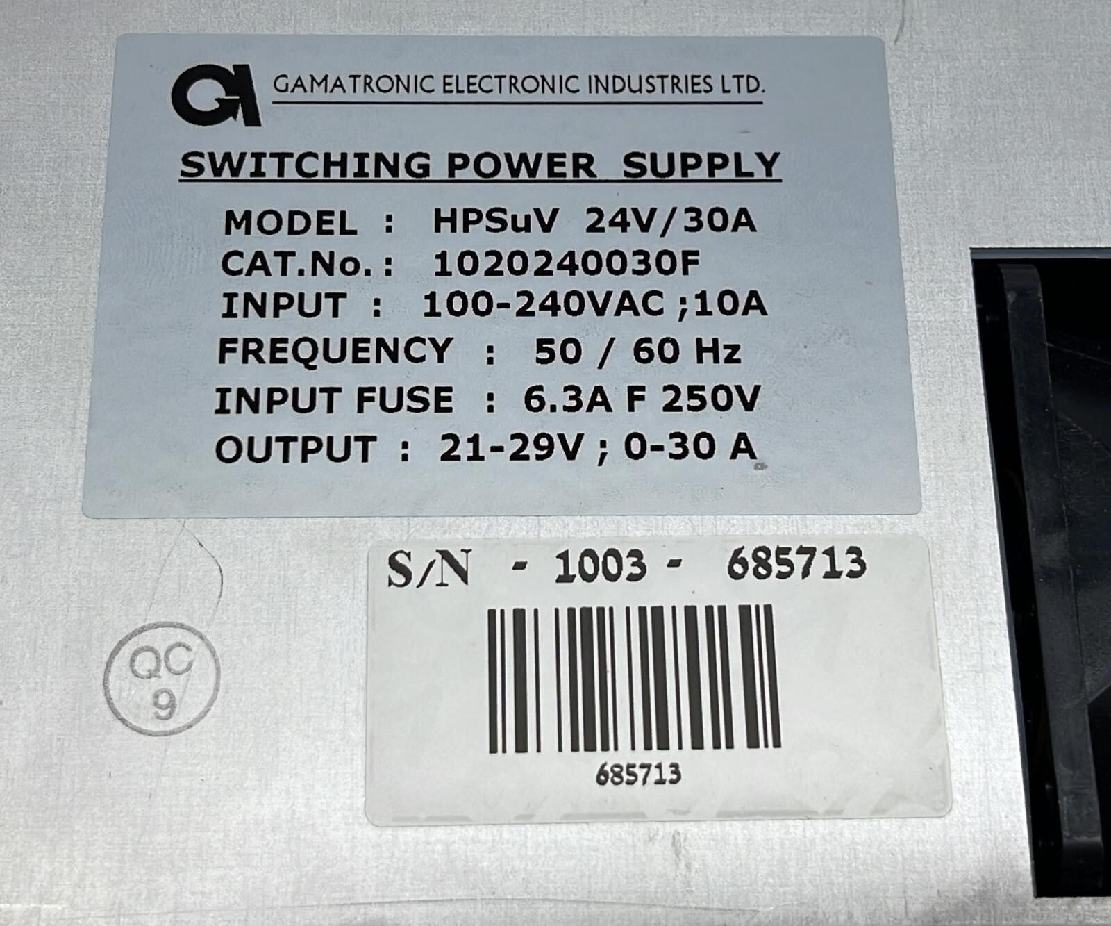 GAMATRONIC HPSuV Rectifier 1020240030F Switching Power Supply 24V 30A