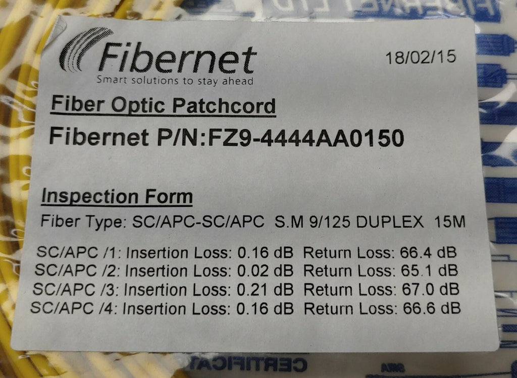 Fibernet Fiber Optic Patchcord SC/APC-SC/APC S.M 9/125 DUPLEX 15M