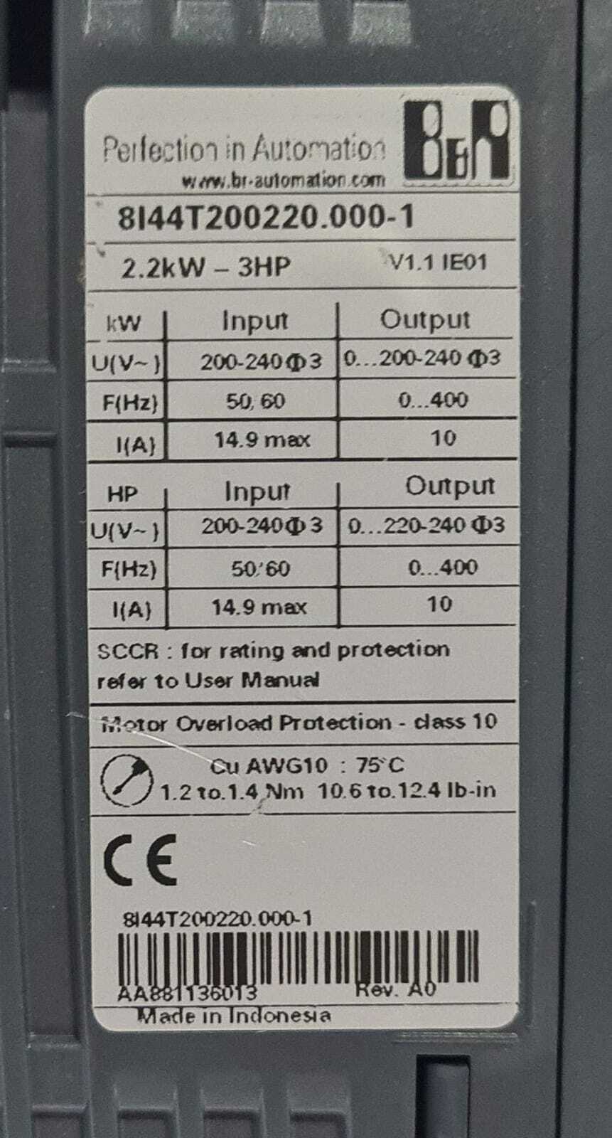 Acopos Parts B&R Automation ACOPOS inverter S44 8I44T200220.000-1 2.2kW 3HP V1.1
