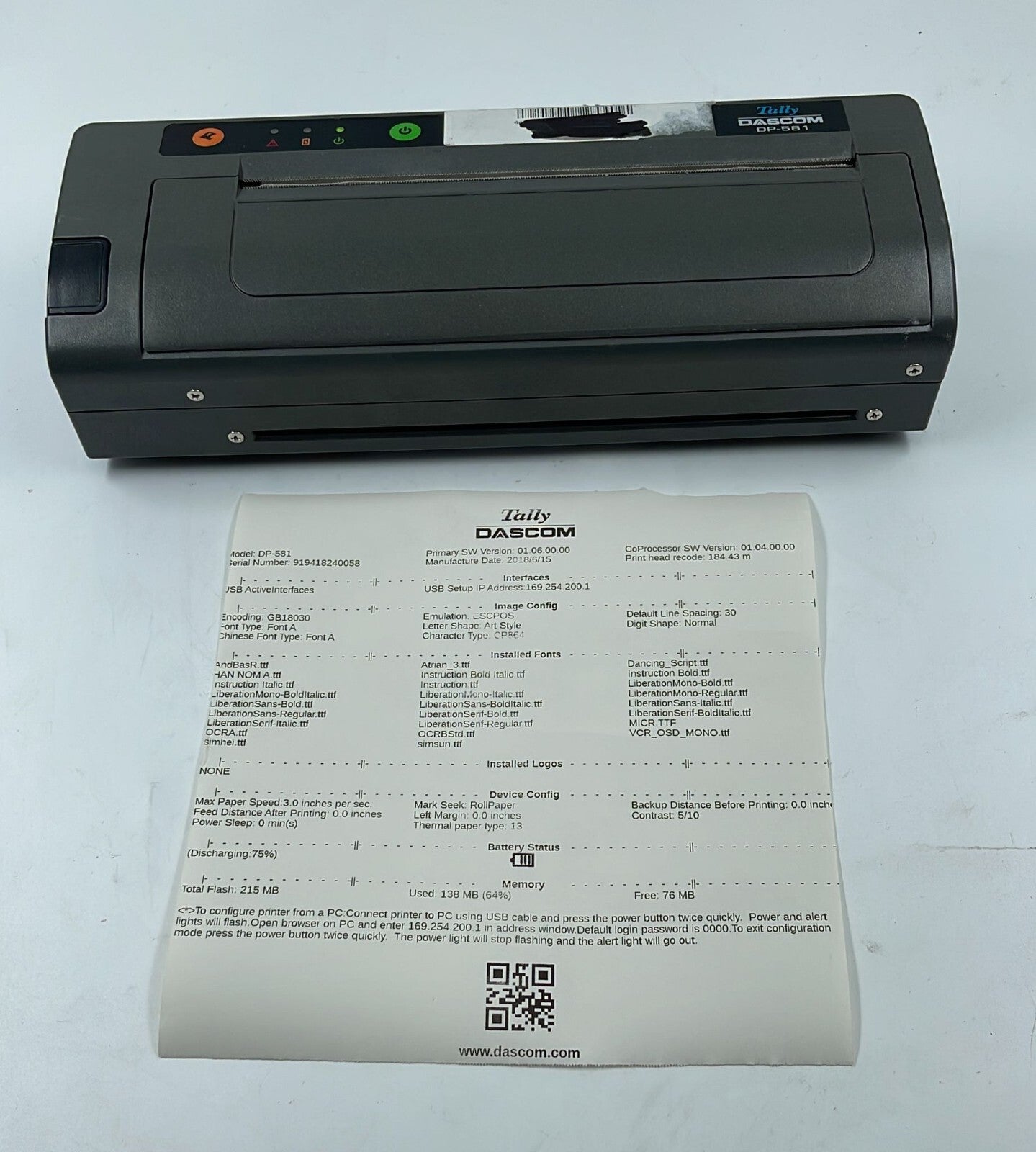 Tally DASCOM DP-581 Receipt Printer Thermal Roll 28.919.6440 93667