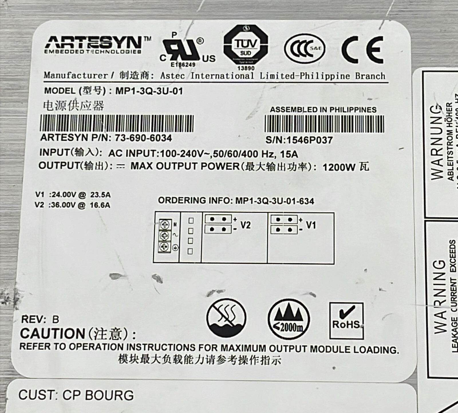 ARTESYN MVP MP1-3Q-3U-01 Modular Power Supply 73-690-6034