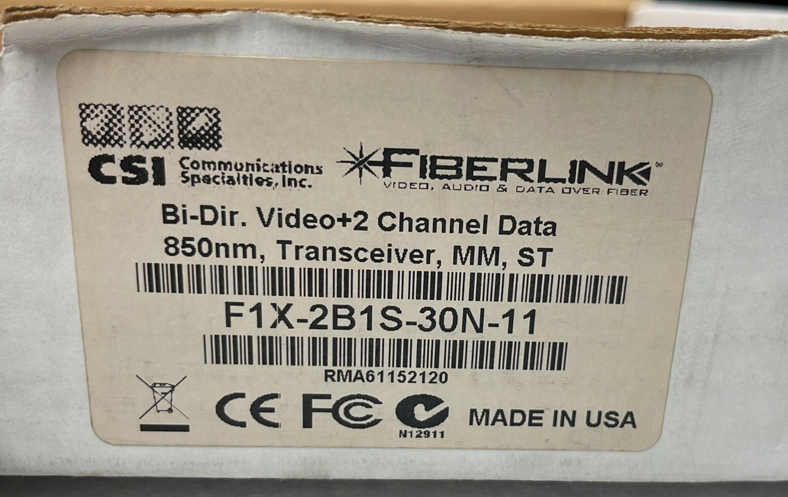 FIBERLINK F1X-2B1S-30N-11 Bi-Dir VIDEO+2 CHANNEL DATA 850nm TRANSCEIVER MM ST