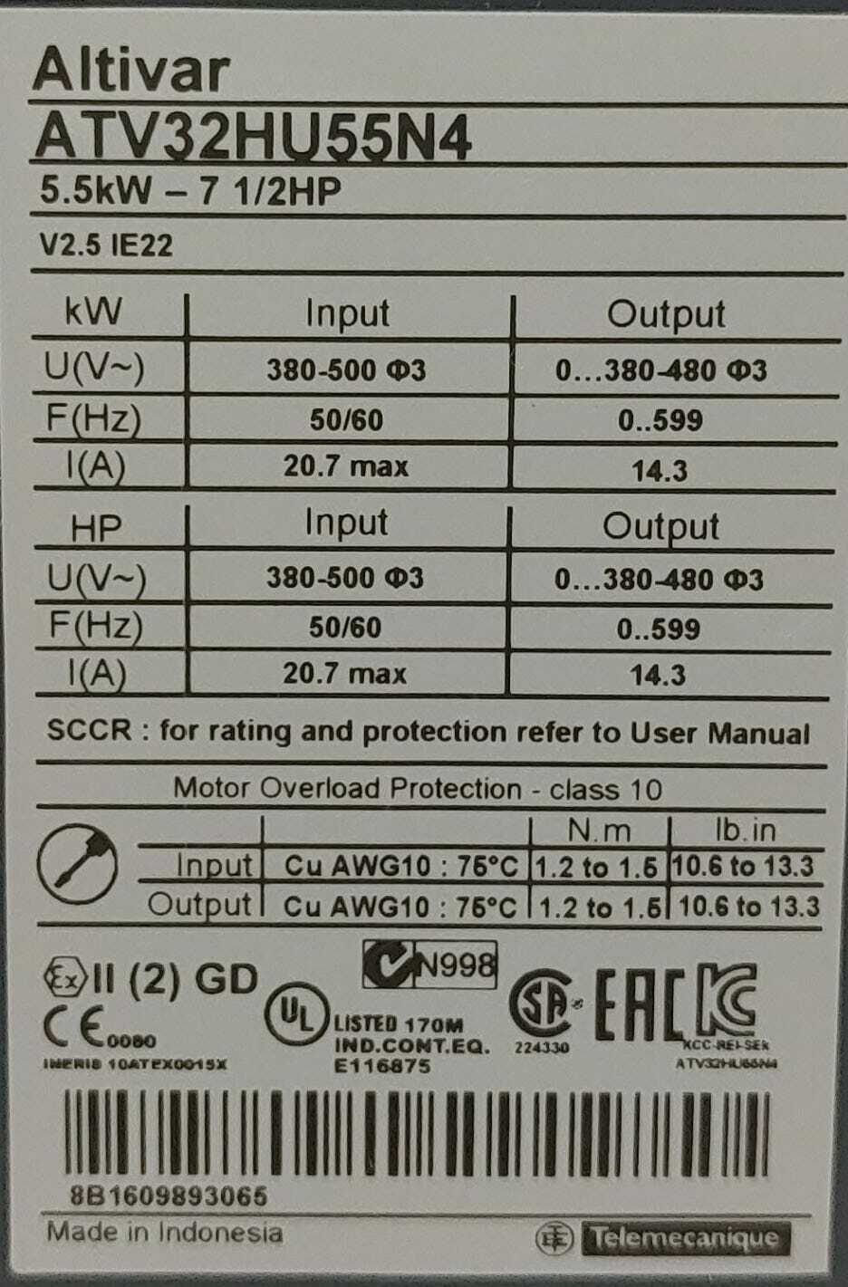 Schneider Telemecanique Altivar 32 Series ATV32HU55N4 5.5kW 7 1/2HP 5,5kw 400V
