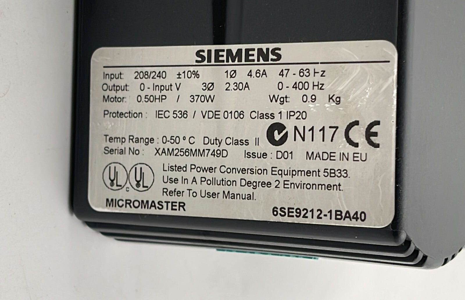 Siemens 6SE9212-1BA40 Micromaster 6SE92 370W 208/240 4.6A