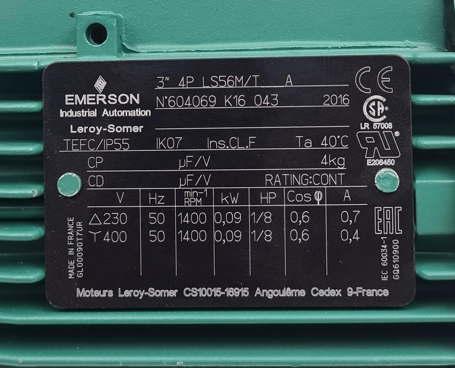 EMERSON Leroy-Somer LS56M/T 604069 & MOTOVARIO NMRV 040 6625159 GEARBOX REDUCER