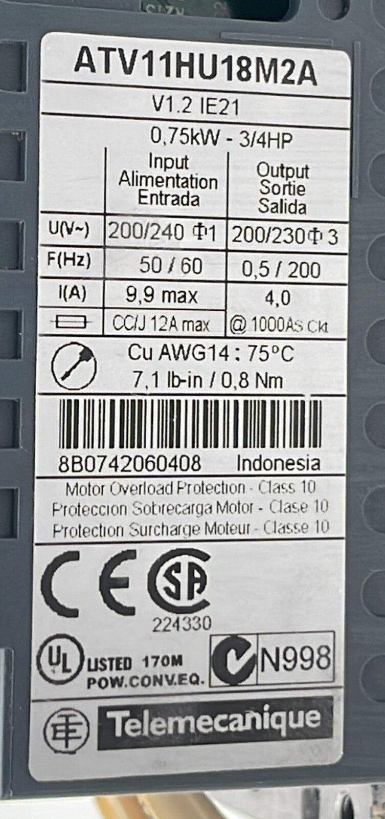 Telemecanique ATV11HU18M2A Inverter Drive 0.75kW 3/4HP