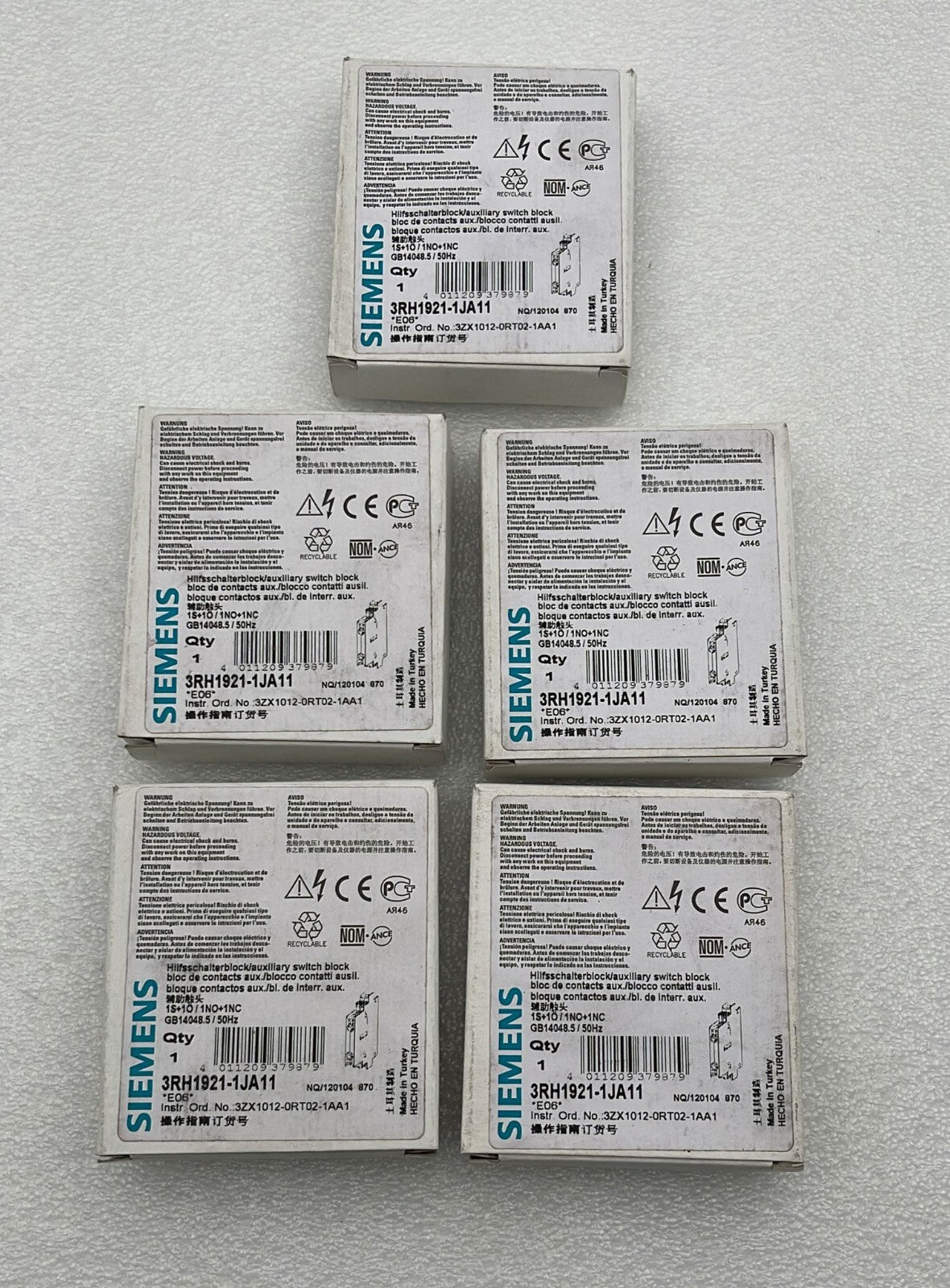 [LOT OF 5] NEW - Siemens 3RH1921-1JA11 Auxiliary switch block 1NO + 1NC