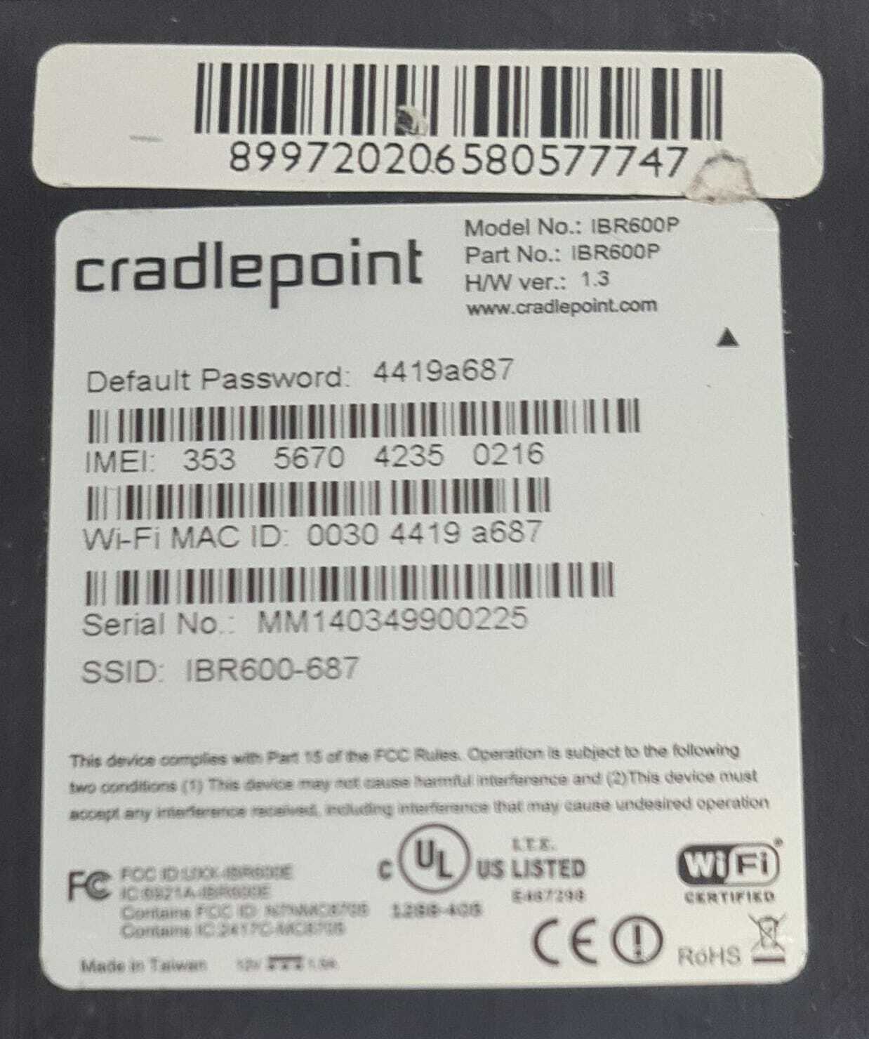 WIPIPE CradlePoint IBR600P IBR600-687 Router W/ SIM Card
