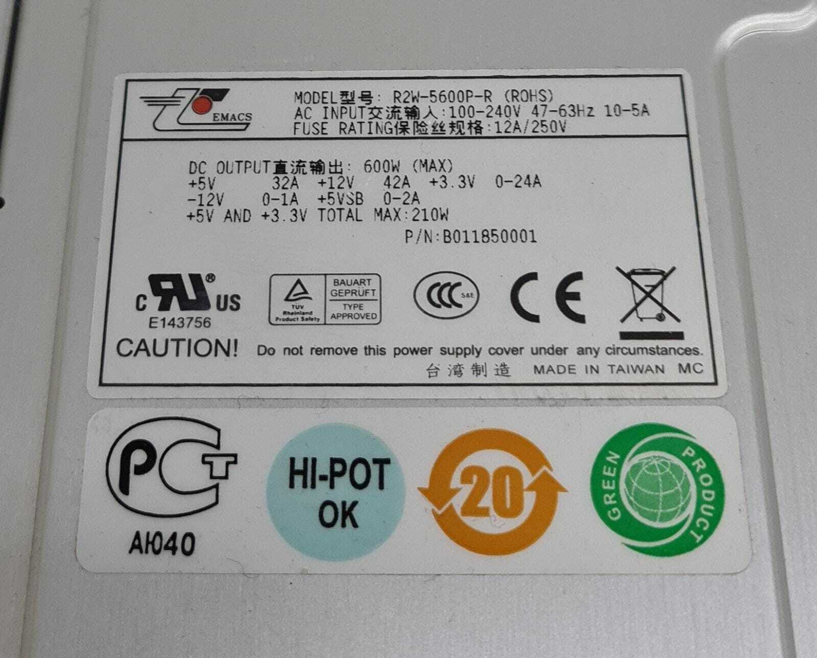 LEMACS EMACS R2W-5600P-R 600W Server Power Supply B011850001