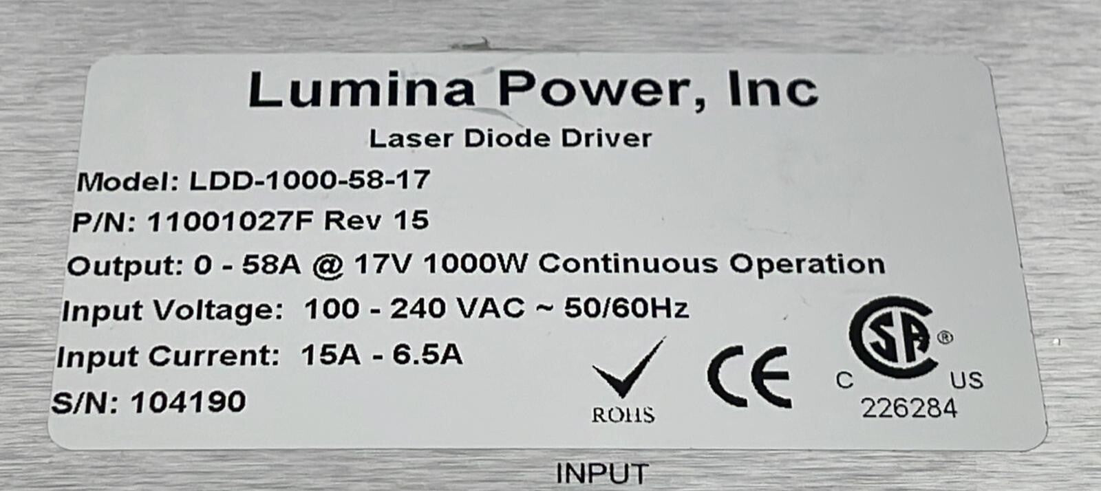Lumina Power LDD-1000-58-17 Laser Diode Drive 11001027F REV 15