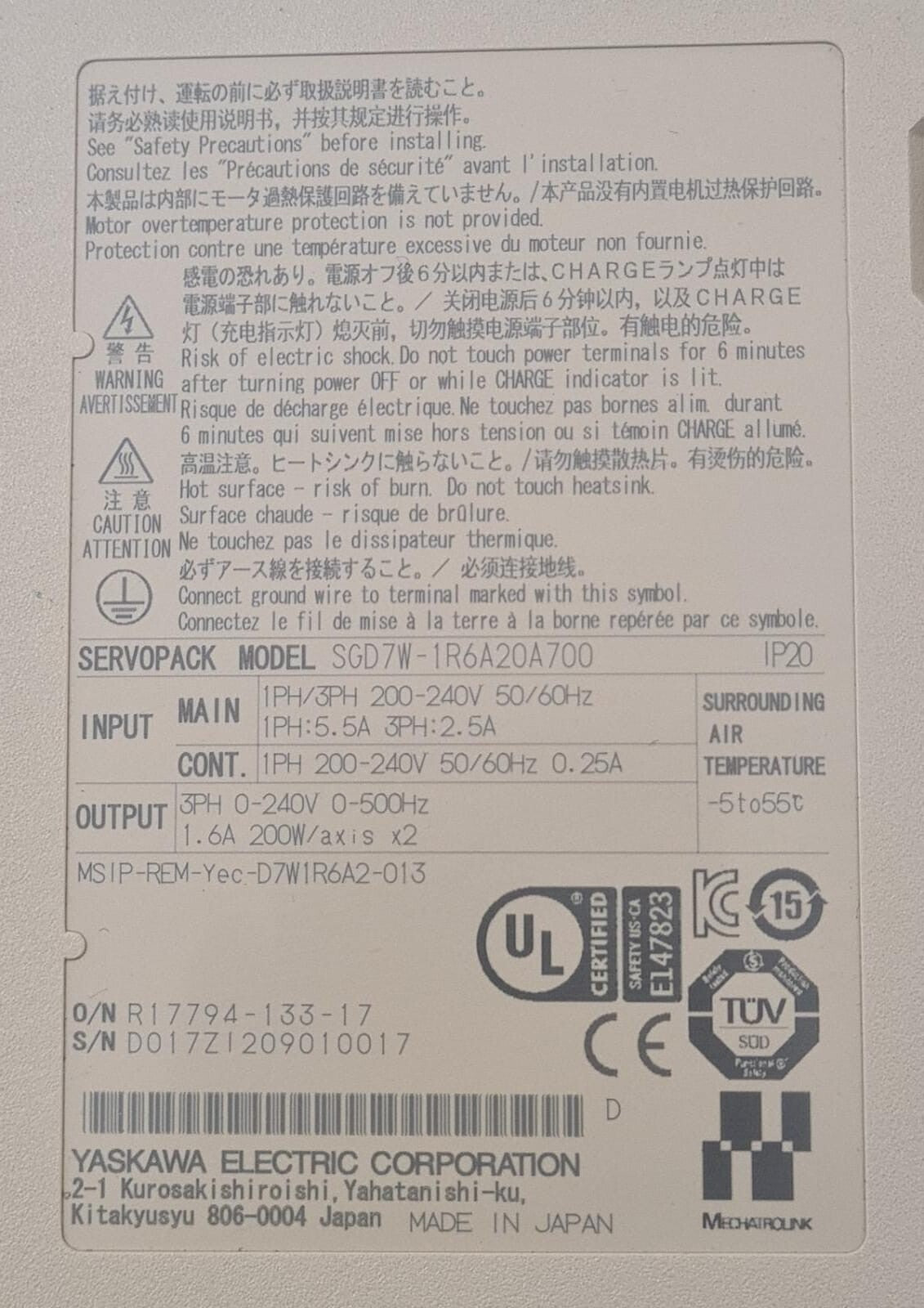 YASKAWA SERVOPACK SGD7W-1R6A20A 700 Servo Driver 200V