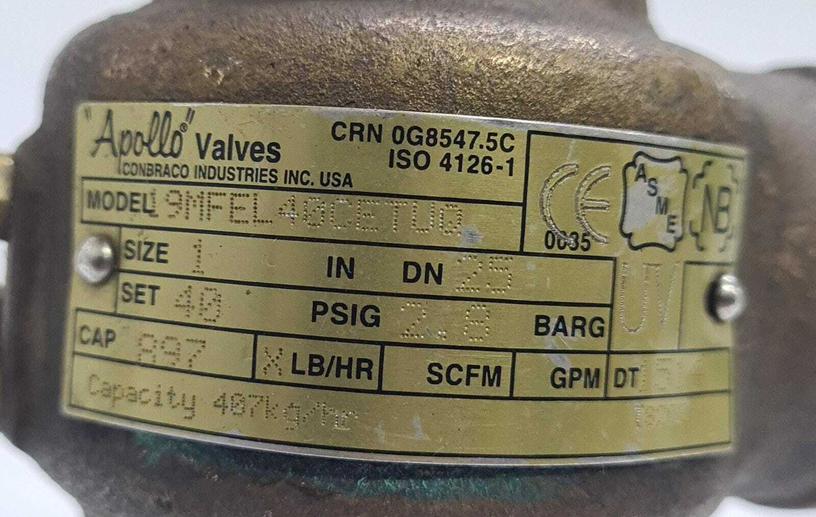 Apollo Steam Safety Valve 19MFEL40CETUQ 40 psi 2.8 BARG 407kg/hr SIZE 1