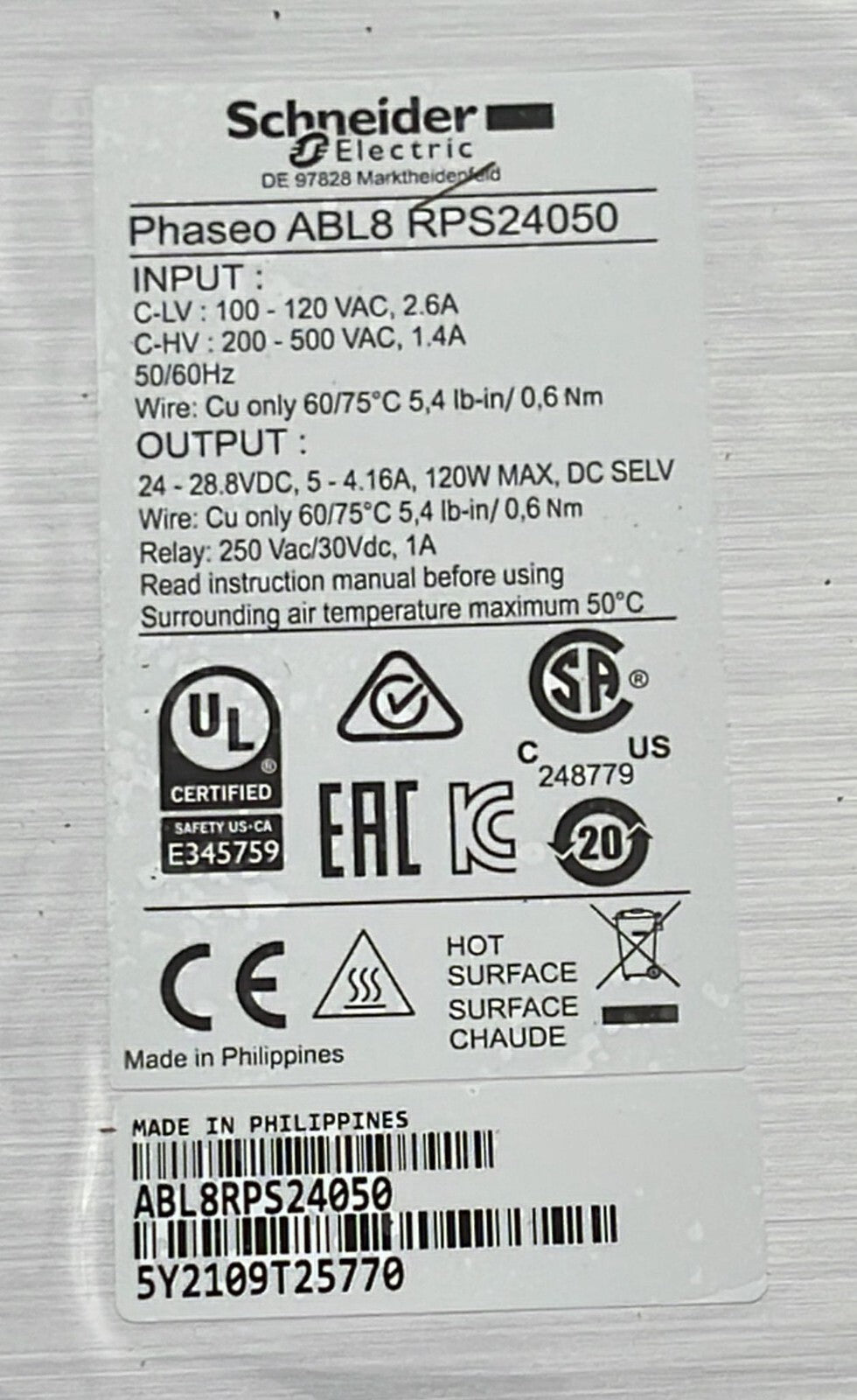 Schneider Phaseo 940561 ABL8 RPS24050 Universal Power Supply Module 100-500VAC