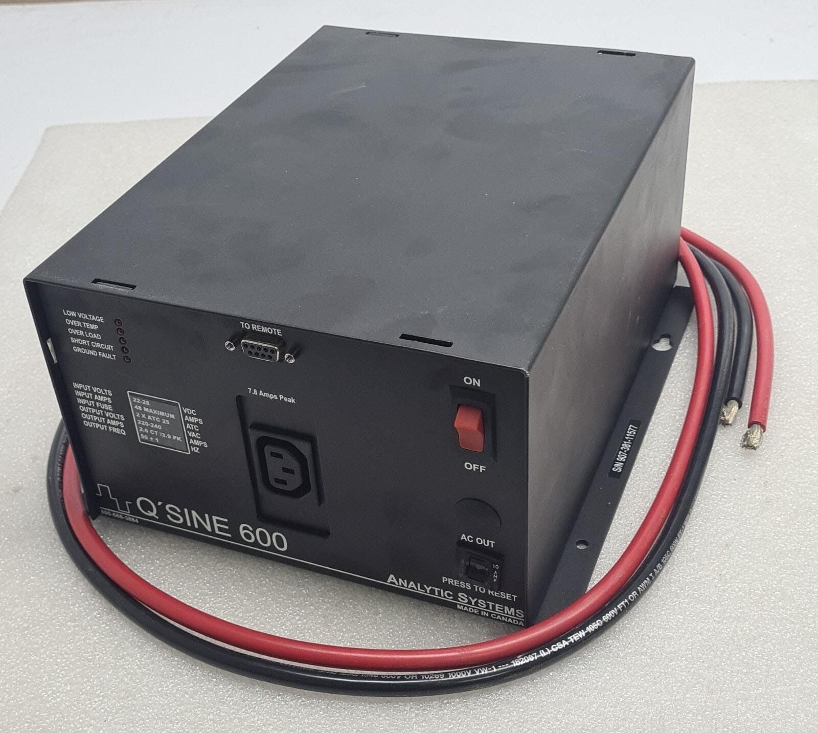 ANALYTIC SYSTEMS Q'SINE 600 220-240V BATTERY Intelligent Pure Sine Wave Inverter