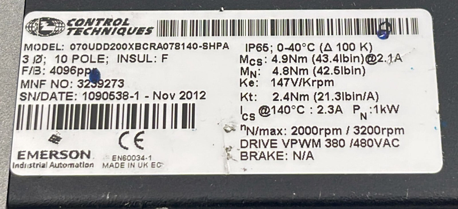 CONTROL TECHNIQUES UNIMOTOR 070UDD200XBCRA078140-SHPA Motor
