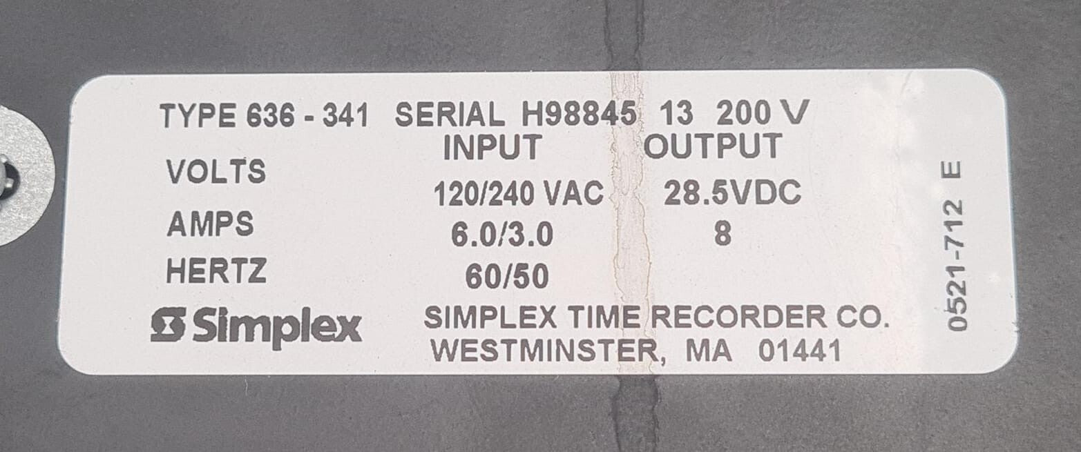 Simplex GOLDWING 636-341 Universal Switcher Power Supply 200V 8A 0521-712 E