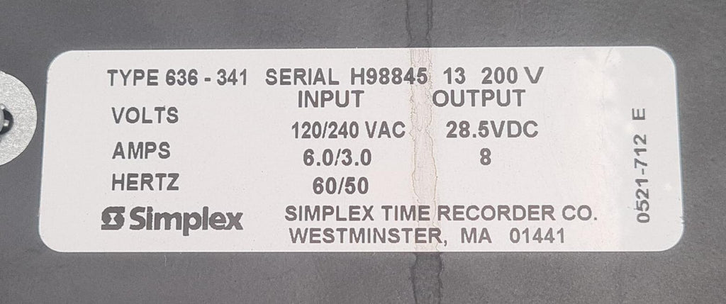 Simplex GOLDWING 636-341 Universal Switcher Power Supply 200V 8A 0521-712 E