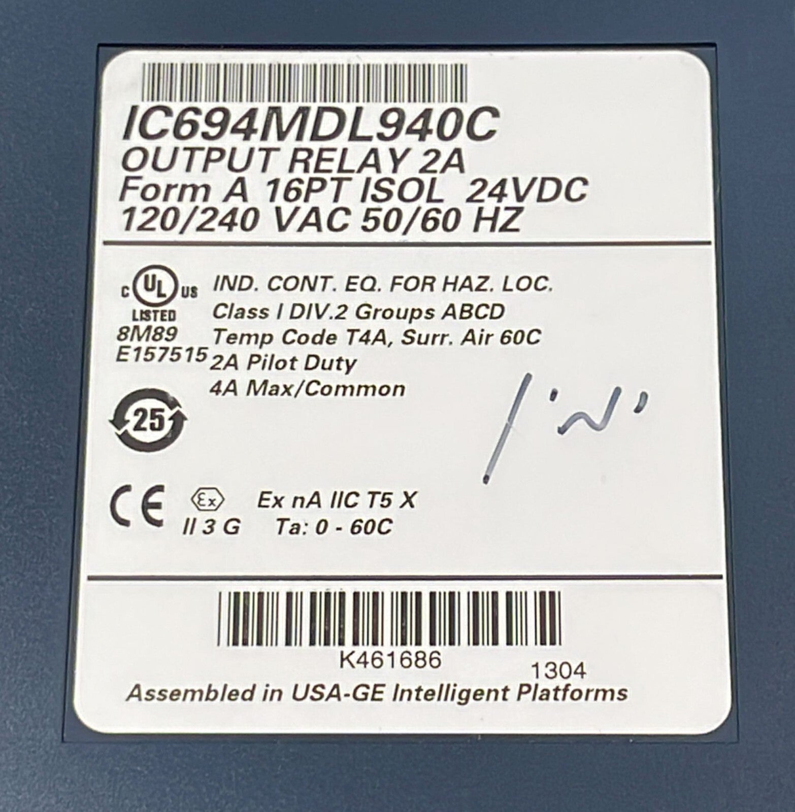 GE Fanuc IC694MDL940C Output Relay 2A From A 16PT ISOL 24VDC 120/240 VAC 50/60Hz
