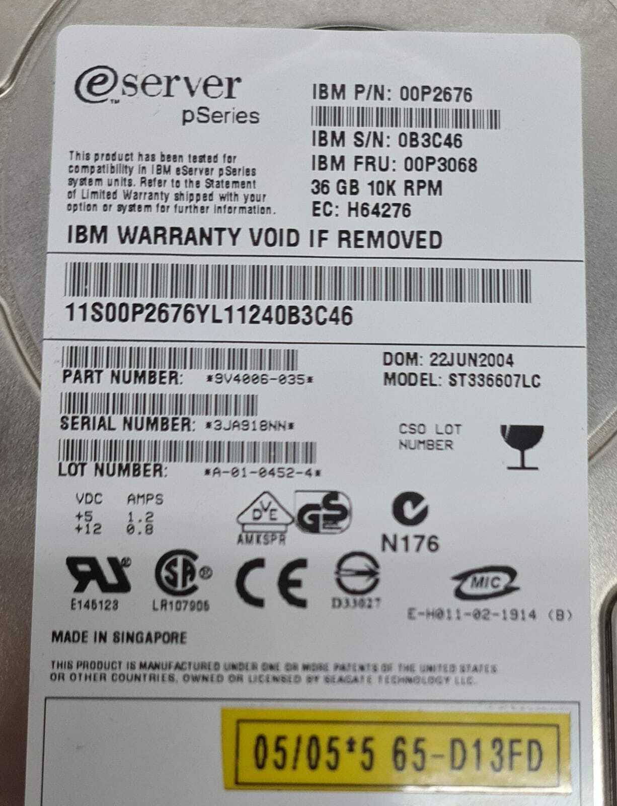 IBM Server pSeries 00P2676 00P3068 36GB 10K ST336607LC 9V4006-035 Hard Disk