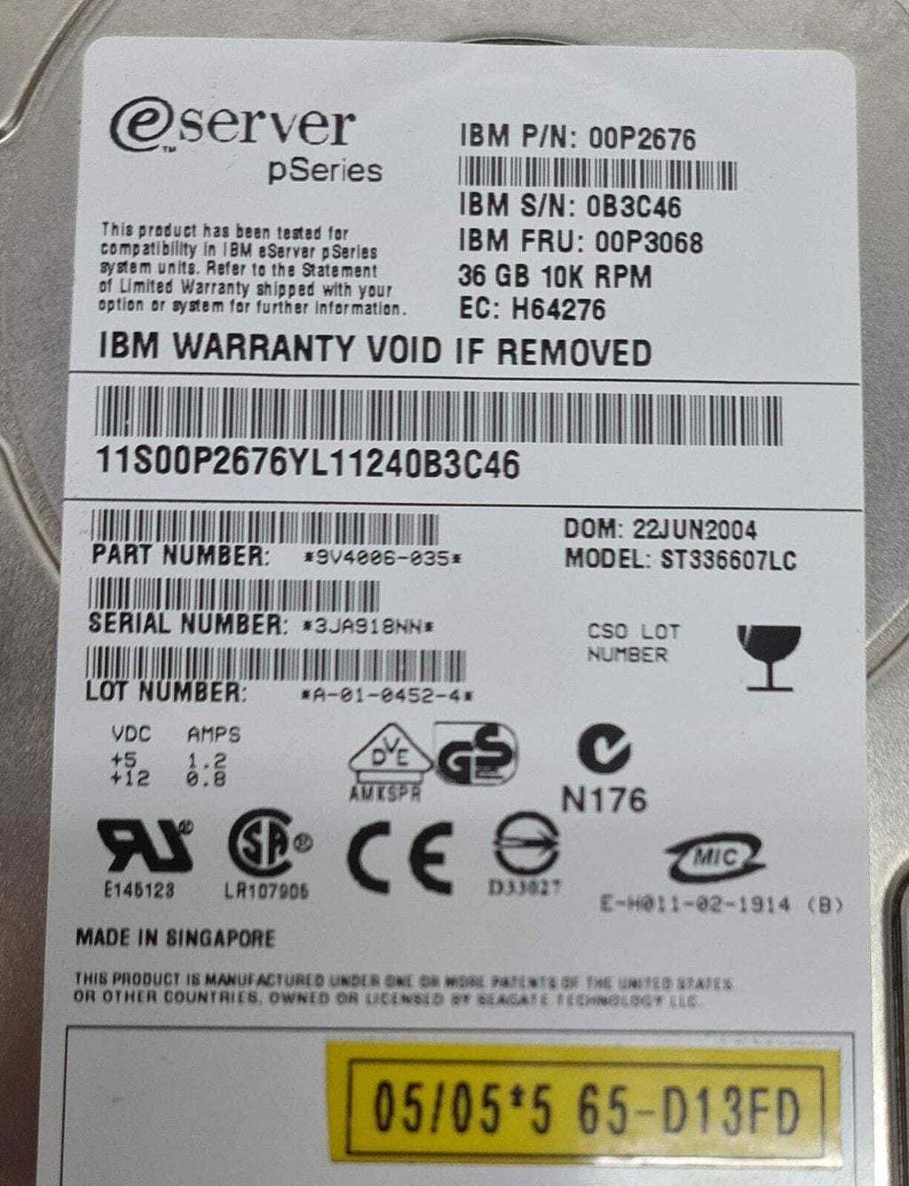 IBM Server pSeries 00P2676 00P3068 36GB 10K ST336607LC 9V4006-035 Hard Disk