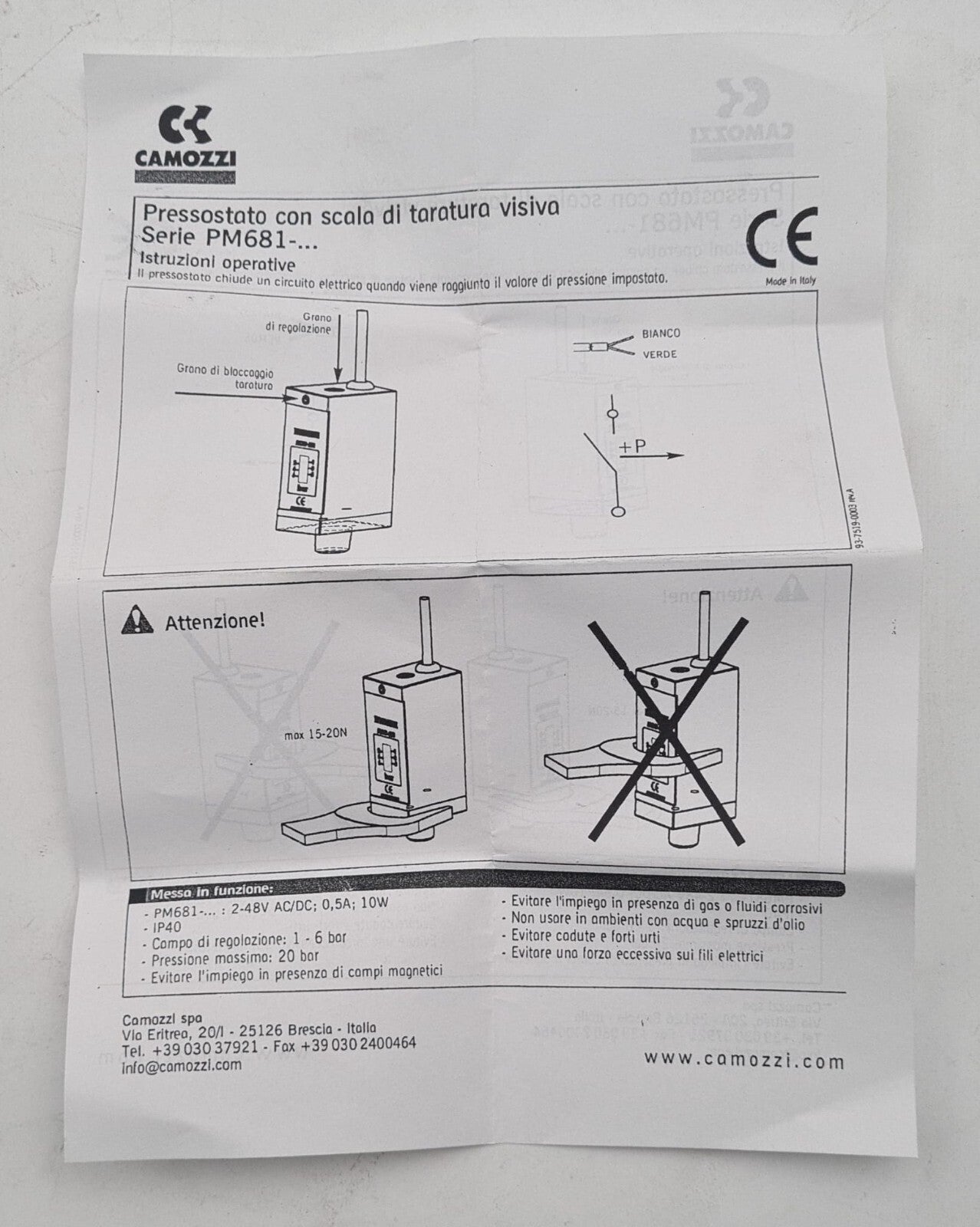 NEW - CAMOZZI PM681-1 Membrane Pressure Switch 30-7500-3016 PM681