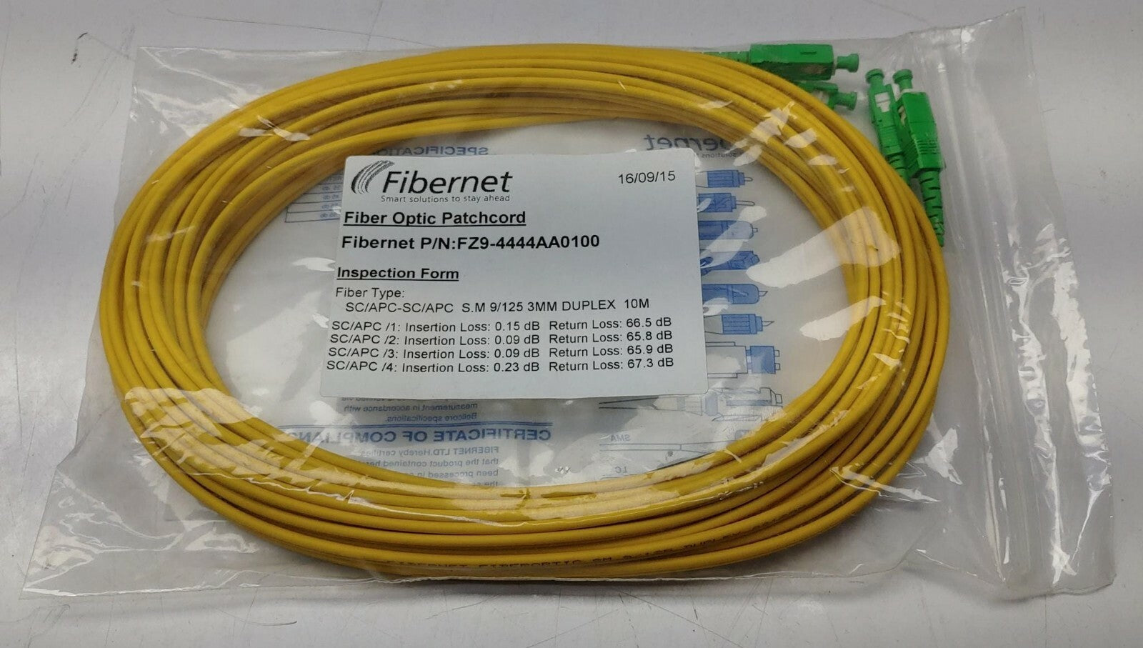 FIBERNET Fiber Optic Patchcord SC/APC-SC/APC S.M 9/125 3MM DUPLEX 10M