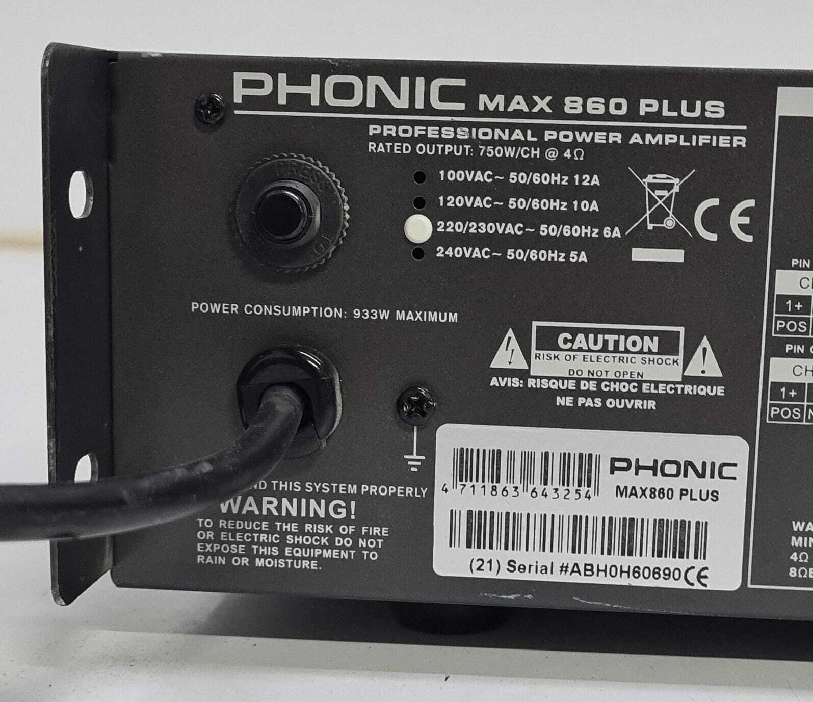 PHONIC MAX 860 Plus Professional Power Amplifier 2 Channel