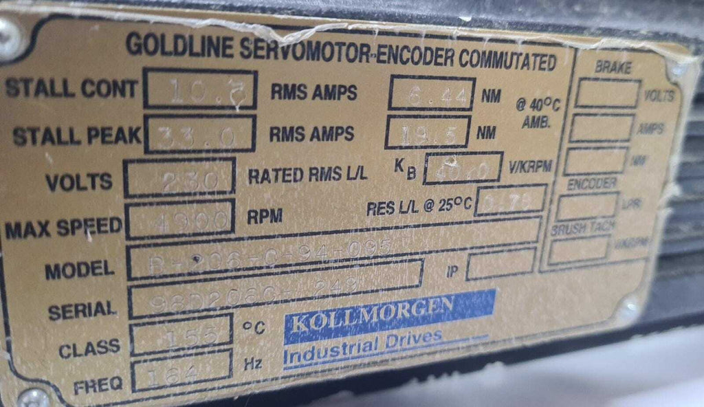 KOLLMORGEN Goldline Servomotor Encoder Commutated B-206-C-94-095 Motor