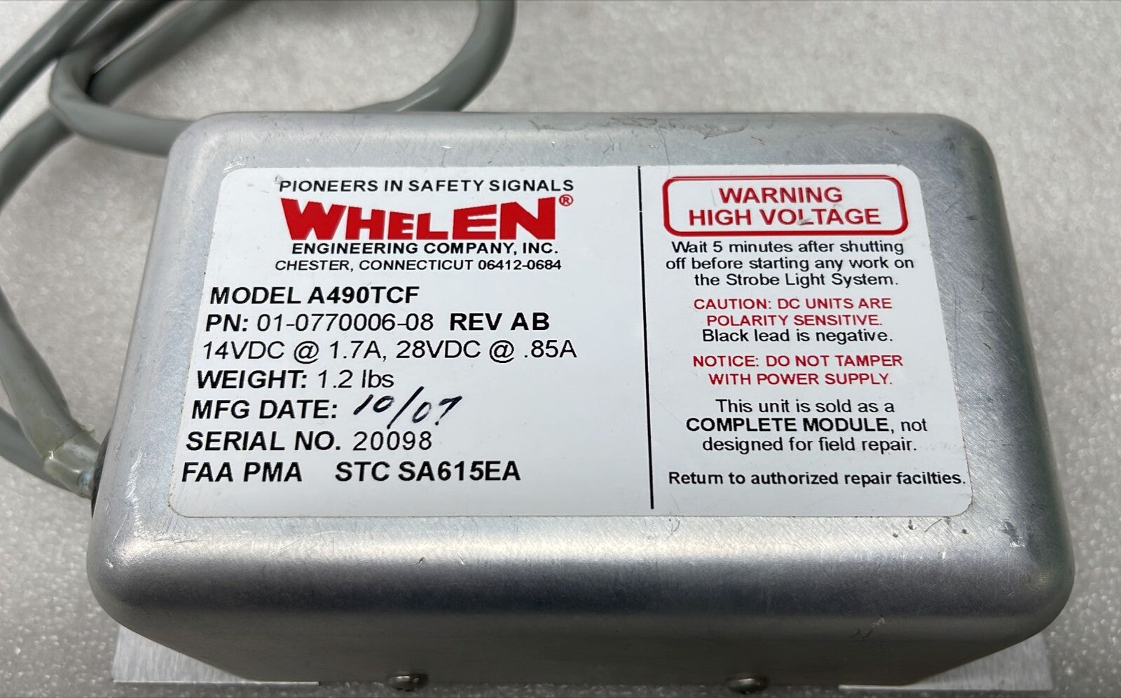 WHELEN STROBE POWER SUPPLY  A490TCF P/N 01-0770006-08 W/ AMPHENOL JD38999/26WA9