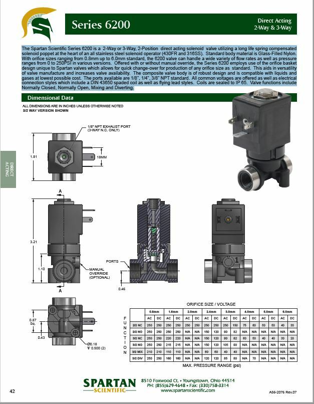 The Spartan Scientific Series 6200 is a 2-Way or 3-Way, 2-Position 2.0mm 250psi