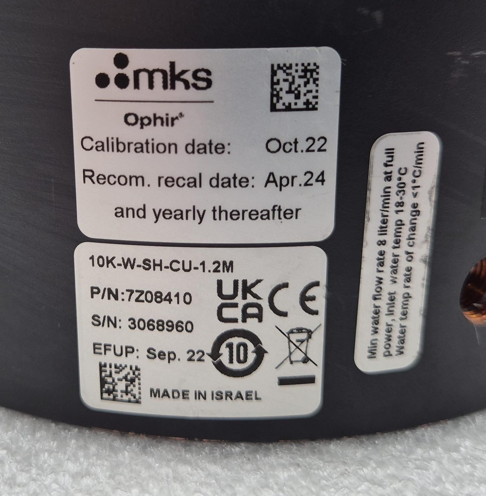 Ophir mks 10K-W-SH-CU-1.2M 7Z08410 LASER ENERGY METER HEAD