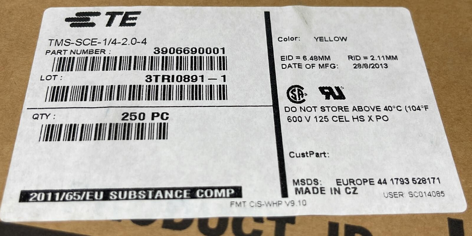 TE Connectivity TMS-SCE-1/4-2.0-4 YELLOW SHRINK EID 6.48mm RID 2.11mm