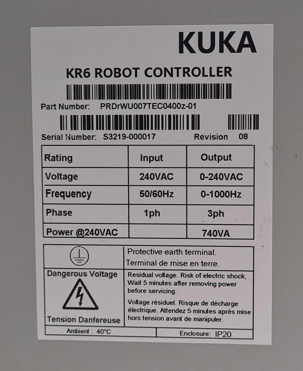 KUKA KR6 ROBOT CONTROLLER PRDrWU007TEC0400z-01 / SERVOTRONIX POWER **AS-IS**