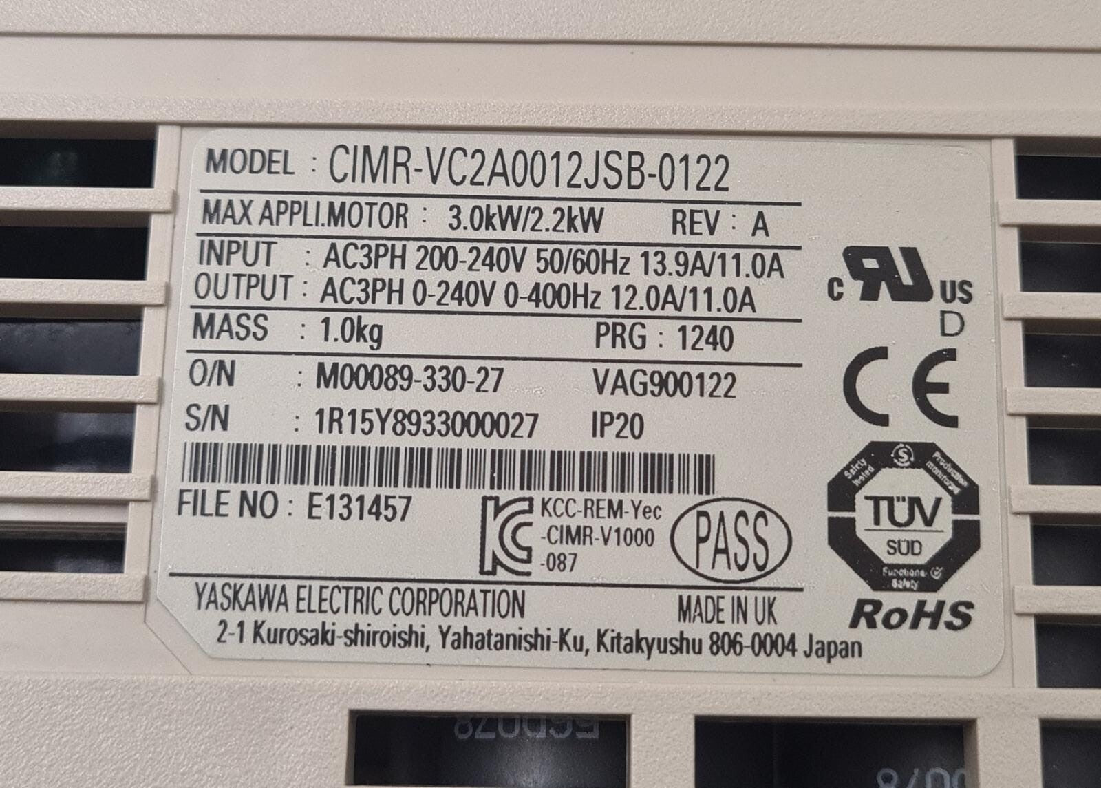 YASKAWA LV CIMR-VC2A0012JSB-0122 A53610098-V1K GEN3 INVERTER ASSY 200V 3PH 2.2kW