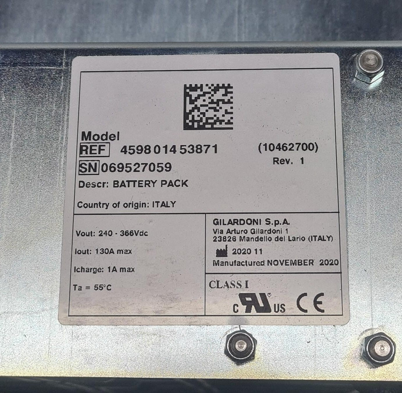 Gilardoni battery pack identification label close-up
