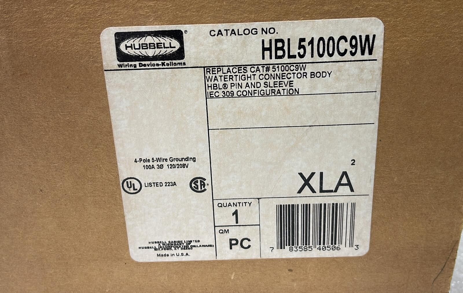 NEW - HUBBELL HBL5100C9W 4 POLE 5 WIRE GROUNDING 100A 3Ohm 120/208V