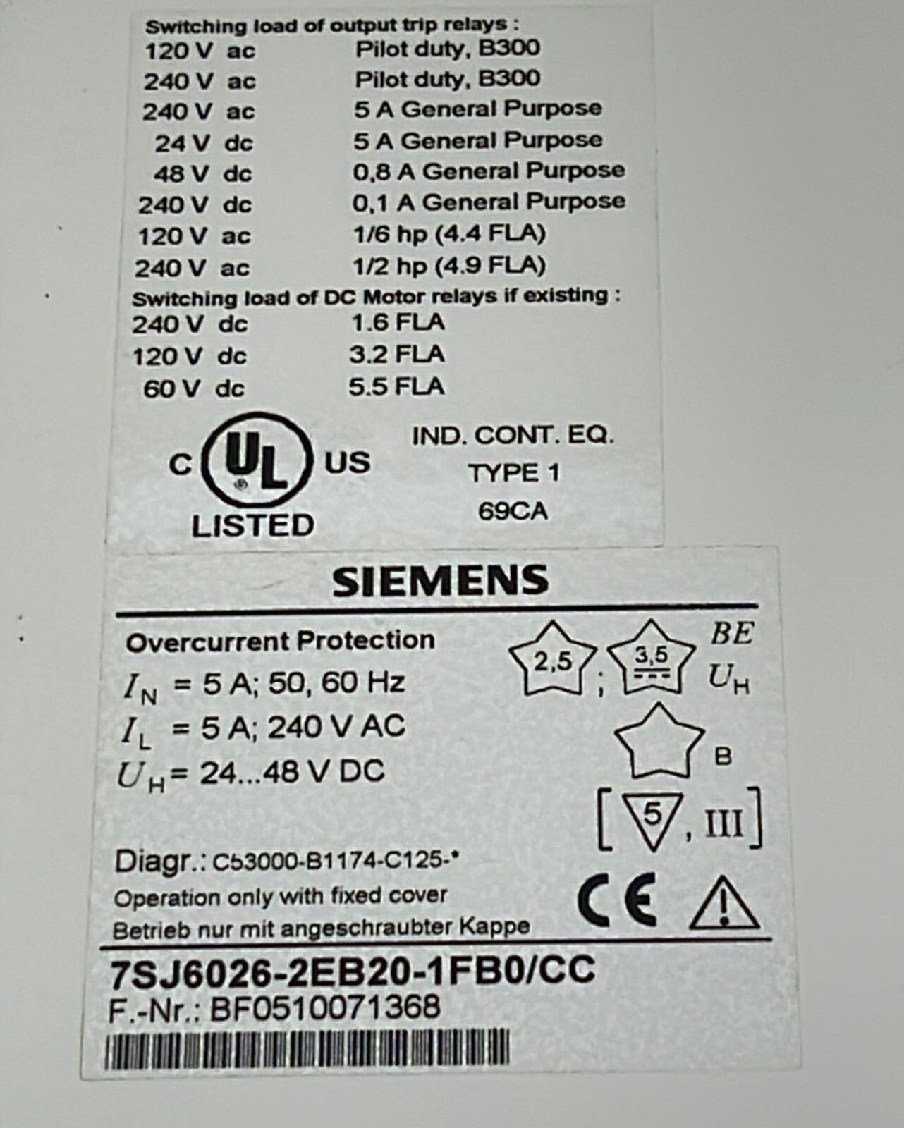 Siemens 7SJ6026-2EB20-1FB0/CC Overcurrent Protection Relay