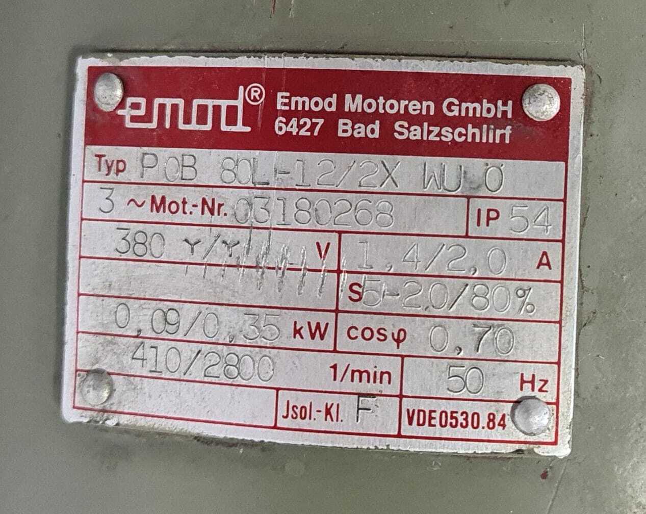 EMOD Motoren P0B 80L-12/2X WU Motor 03180268 410/2800 min 0.09/0.35kw 50 Hz