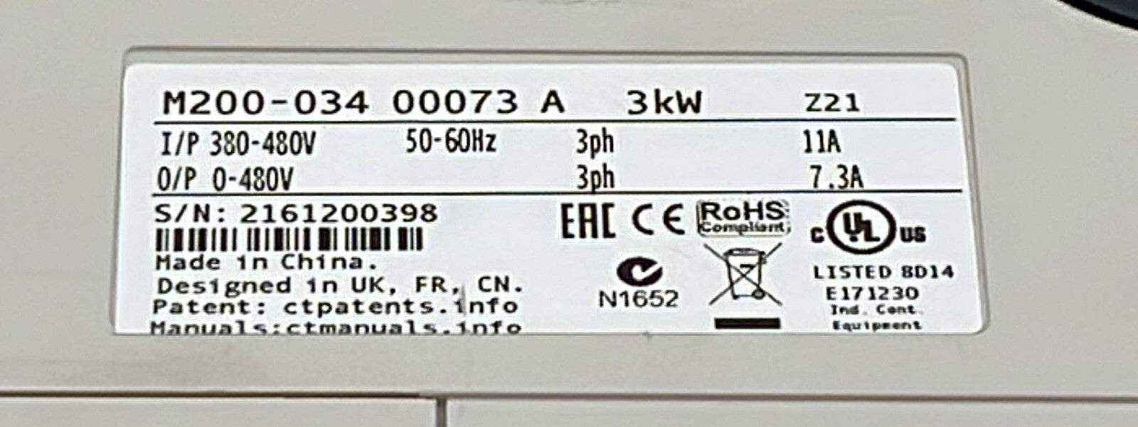 Emerson Control Techniques Unidrive M200-034-00073 A Inverter Drive 3kw 480V