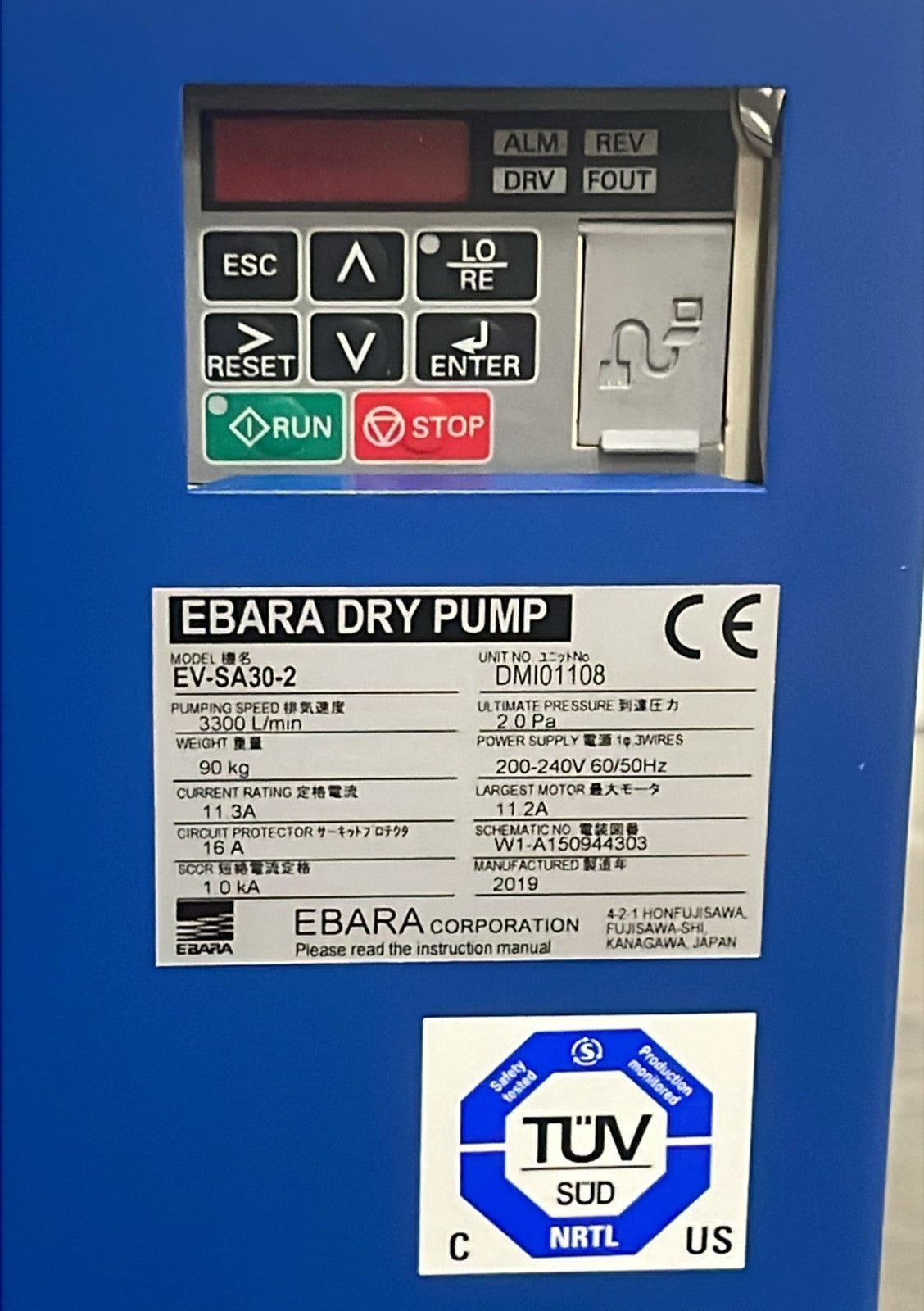 EBARA EV-SA30-2 digital display and model label close-up