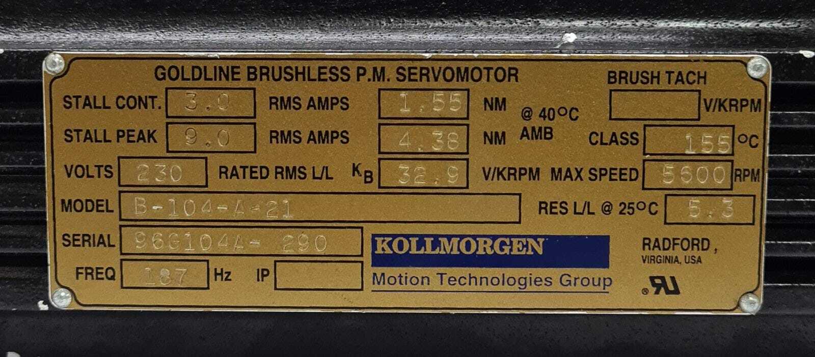 Kollmorgen B-104-A-21 Goldline Brushless P.M. Servomotor Servo Motor 5600Rpm